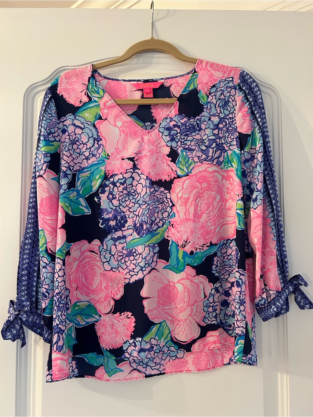 Lilly Pulitzer Navy, Pink & Purple Floral V-Neck Long Sleeve Top